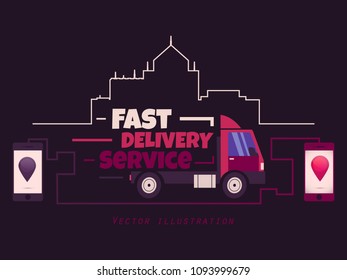 Fast Delivery Website Banner. Delivery service app on mobile phone. Vector illustration