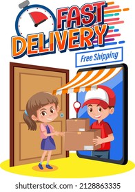 Fast Delivery wordmark with courier delivering packages illustration