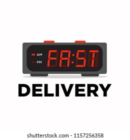 Fast Delivery Written on a Retro Alarm Clock in Digital Font Line Flat Style Vector Illustration Concept