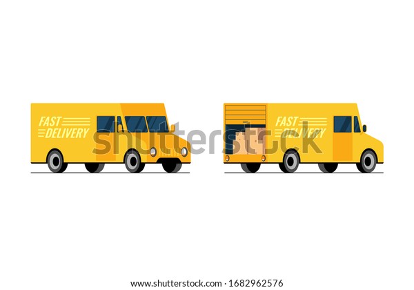 Fast delivery yellow truck side\
front and back view set. Express shipping service van concept.\
Isometric 3d styled flat vector isolated\
illustration