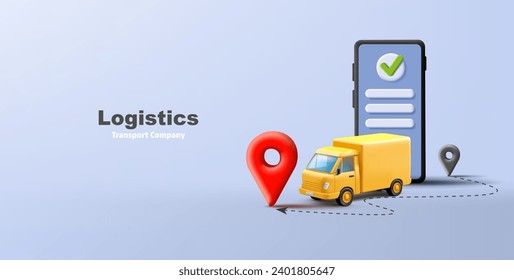 Fast delivery yellow truck with smartphone and destination route pins, online tracking application, render composition