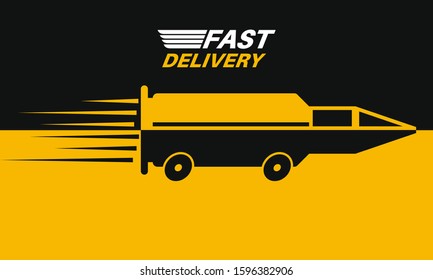 Fast delivery.A stylized car in the form of a flying bullet.Poster. Element for billboard. Vector illustration in a flat style.