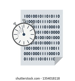 Fast Development Icon. Sheet With Binary Code and Stopwatch in Front. Flat color design. Data series. Vector illustration.