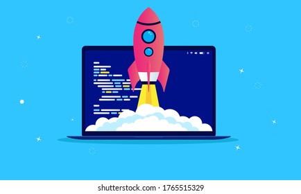 Fast Development - Rocket Ship Flying Up From Laptop Computer With Code On Screen. Symbolising Speed And Launch Of Website. Vector Illustration.