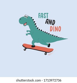 fast and dino text, dino, skateboard vector, illustration, 