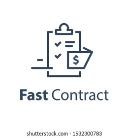 Fast Document Registration, Contract Creation, Financial Compensation Claim, Legal Services, Mortgage Loan Approval, Terms And Conditions Draft, Vector Line Icon