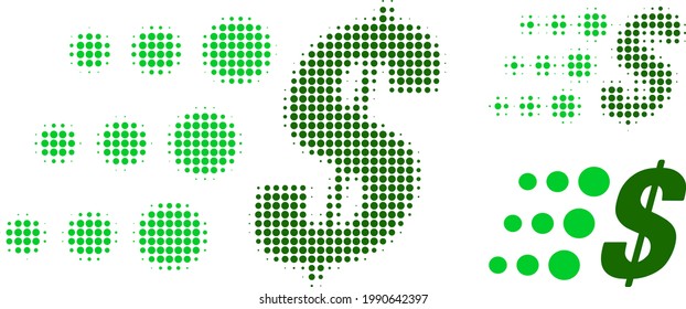 Icono de punto medio de dólar rápido. El patrón de semitono contiene puntos redondos. Ilustración vectorial de un icono de dólar rápido en un fondo blanco.