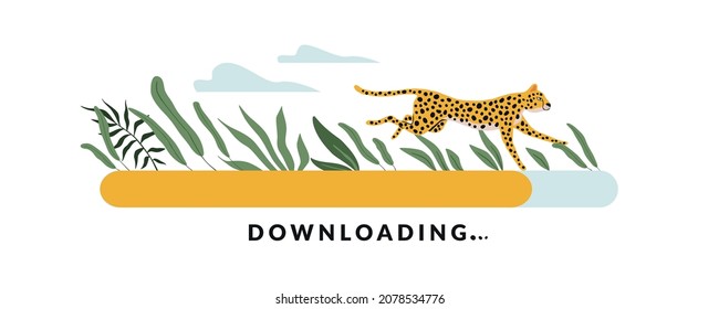 Fast downloading. High-speed loading. Running cheetah. Waiting for website upload. Digital reboot line. Computer interface with load progress indicator and funny animal. Vector concept