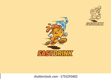 Fast Drink Logo Cartoon Character. Vector illustration of takeaway fast drink running. Creative mascot cartoon drink concept. 