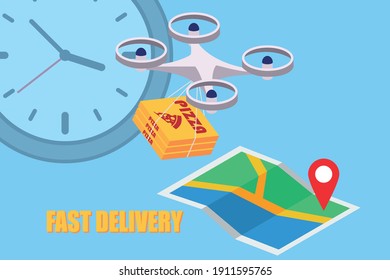 Fast Drone Delivery Of Pizza, Food Delivery Concept Illustration, Drone Control, Delivery Anywhere In The City. Vector EPS10