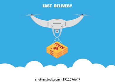 Fast Drone Delivery Of Pizza, Food Delivery Concept Illustration, Drone Control, Delivery Anywhere In The City. Vector EPS10