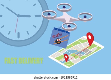 Fast drone delivery sushi in a package, food delivery concept illustration, drone control, delivery anywhere in the city. Vector EPS10