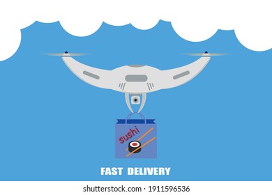 Fast drone delivery sushi in a package, food delivery concept illustration, drone control, delivery anywhere in the city. Vector EPS10