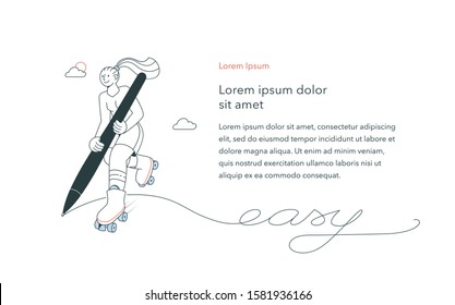 Fast and easy concept illustration - roller skater girl writing effortlessly