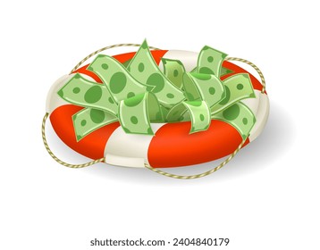 Fast easy loan. 3d lifebuoy full of dollars, quick money help and financial aid concept isolated vector illustration