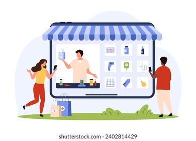 Fast and easy ordering from online pharmacy. Tiny people select medical equipment and medicines on phone screen to order home delivery, customers buy pills online cartoon vector illustration