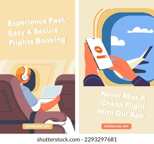 Fast, easy and secure flights booking. Never miss a cheap offer with our application. Find trip destinations and best proposals from air companies. Download app on your phone. Vector in flat style