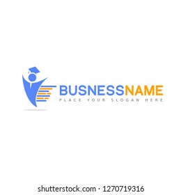 Fast education logo. Learning vector with student hat or toga symbol and people. This Graphic is suitable for education, learning, book, teacher, collage, school, university, children and parent.