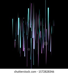 Fast Effect. Motion Neon. Glare Dynamic. Falling Glow. Flow Light Movement. Element Futuristic Design. Abstract Trail Lines, Sticks. Concept Minimal. Modern 3D Static. Techno Vector illustration.