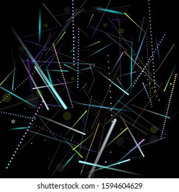 Fast Effect. Motion Neon. Glare Dynamic. Falling Glow. Flow Light Movement. Element Futuristic Design. Abstract Trail Lines, Sticks. Concept Minimal. Modern 3D Static. Techno Vector illustration.