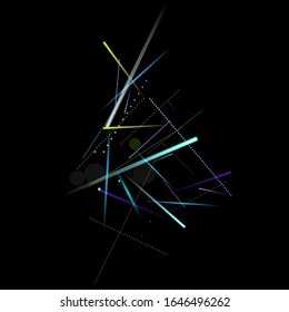 Fast Effect. Motion Neon. Glare Dynamic. Falling Glow. Flow Light Movement. Element Futuristic Design. Abstract Trail Lines, Sticks. Concept Minimal. Modern 3D Static. Techno Vector illustration.