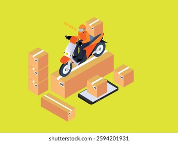 Fast and Efficient Online Delivery Service with Motorcycle Courier  3d isometric flat vector illustrations