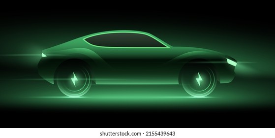 Fast electric car concept vector illustration. Green neon glowing EV vehicle running at high speed on a dark night background. Futuristic SUV or sports car design with voltage symbol on the wheels.