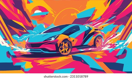 A fast electric car drifting through a colorful vector world