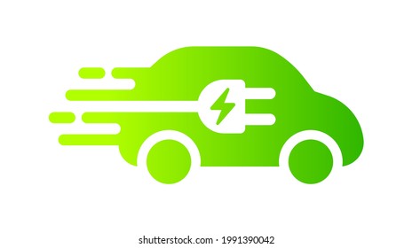 Auto eléctrico rápido con símbolo de icono de enchufe, vehículo EV, vehículos híbridos verdes con logotipo de punto de carga, concepto de vehículo ecológico, ilustración de vector