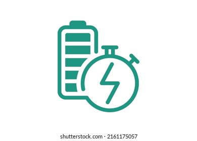Fast Electric Charging Battery Icon. Quick Electrical Power Accumulator Charger Symbol. Speed Electricity Charge Linear Sign. Express Energy Recharge Green Logo With Lightning In Stopwatch. Vector Eps