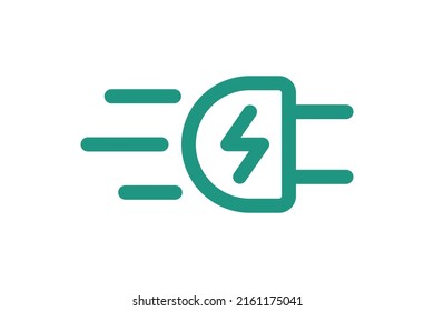 Fast electric charging plug with lightning icon. Quick electrical power charger symbol. Speed electricity charge linear sign. Express energy recharge green badge. Vector isolated eps illustration