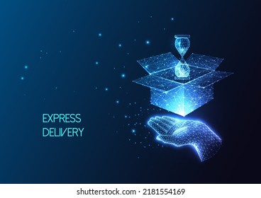 Fast, express, courier delivery concept with hand holding parcel box and hourglass on dark blue