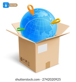 Fast, express delivery, airmail concept. Worldwide delivery conceptual design. Open cardboard box, parcel, with blue Earth globe and location pins inside. Transport logistics. 3d vector illustration