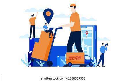 fast express delivery courier trucking mini people flat illustration design