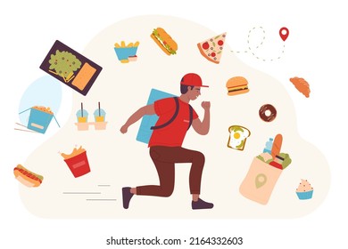 Fast express delivery of food, orders from cafe or restaurant. Cartoon tiny boy courier running with package, deliveryman shipping goods and meals flat vector illustration. Delivery service concept