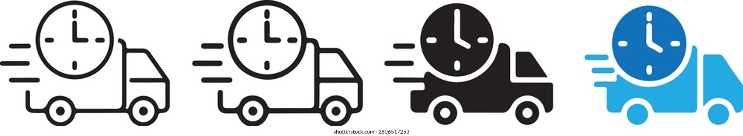 Fast Express Delivery Icons Set Featuring Outline and Solid Glyph Icons for Quick Shipping, Scheduled Transport, Courier Dispatch, Logistics Coordination, Package Tracking, Time Logistics, Graphic Assets