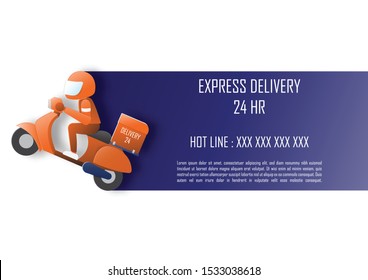 fast express delivery, man and his bike riding with item box. transport business concept. vector illustration