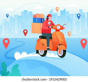 Fast express delivery service with courier scooter, shipping order