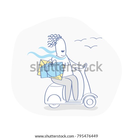 Fast Express Delivery Service. The cute courier - man on the bike or scooter in a hurry to deliver the order - parcels and letters. Isolated Vector Cartoon Illustration in flat outline style.