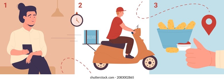 Fast express delivery service set vector illustration. Cartoon man ordering from home, courier with scooter delivering food parcel, user enjoying nuggets, infographic background with shipping steps