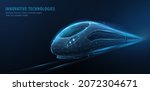 Fast express passenger train on high speed intercity railway moving from city. Futuristic technology. 3d abstract railroad travel concept