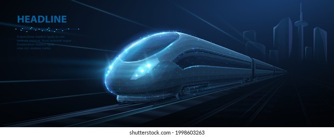 Fast express passenger train on high speed intercity railway moving from city. Futuristic technology. Modern town cityscape. 3d abstract railroad travel concept