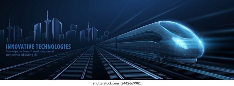 Fast express passenger train on high speed intercity railway moving from city. Future digital urban infrastructure. Modern town cityscape. 3d abstract infrastructure concept