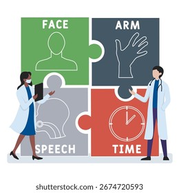 FAST - face, braço, fala e acrônimo do tempo. Histórico do conceito de negócios. Conceito de ilustração vetorial com palavras-chave e ícones. Ilustração de letras com ícones para banner da Web, folheto, página inicial
