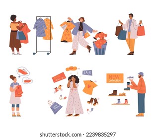 Concepto de moda rápida, gente comprando ropa de moda nueva - ilustración vectorial plana aislada en fondo blanco. Juego de personajes comprando en tienda minorista. Consumismo y shopaholismo.