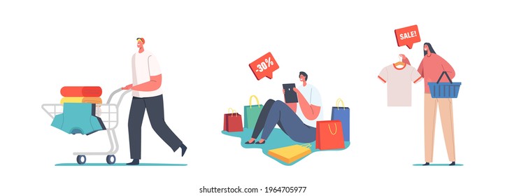 Fast Fashion Concept. Shopaholic Characters with Trolley Full of Purchases and Gifts. Happy People with Packages. Buyers Doing Shopping. Seasonal Sale, Discount Coupon. Cartoon Vector Illustration