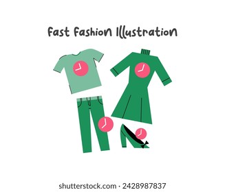 Fast fashion, illustration, Slow fashion and sustainability fashion illustration. Recycle and sustainable fashion concept. Made textiles, fabrics, garment and eco-friendly clothes.