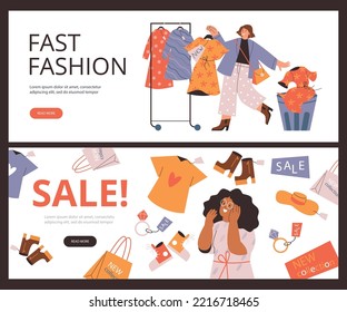 Fast Fashion And Sales Web Banners Set, Flat Vector Illustration. Concepts Of Overconsumption, Consumerism And Shopaholism. Woman Happy About Sales And New Products In Store.