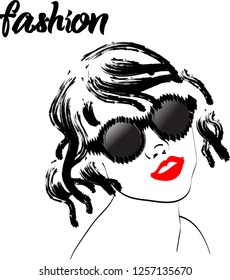 Fast fashion sketch with girl in glasses vector EPS10