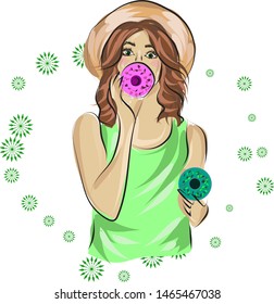 Fast fashion sketch of girl in green colour with donuts vector EPS